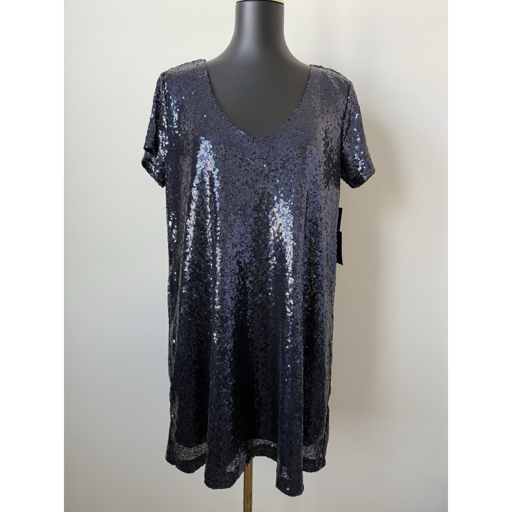 Lulus Light Up The Night Navy Blue Sequin Shift Dress Women's M NWT Party Eras